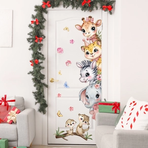 Detailed view of self-adhesive PVC wall decals featuring cute cartoon jungle animals on a door