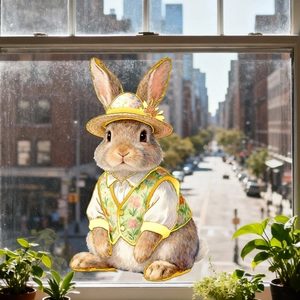 Detailed close-up of Easter bunny window sticker with watercolor art on glass