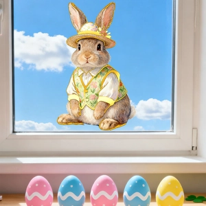 Detail of Easter bunny window sticker with floral hat and colorful decorative eggs