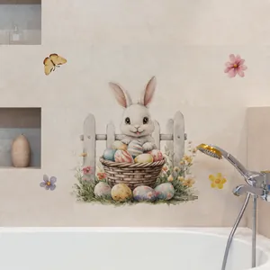 Detail showing watercolor Easter bunny wall stickers applied on beige bathroom tiles