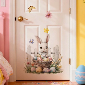 Easter bunny wall sticker detail showing watercolor rabbit and eggs on a white door