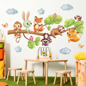 Cartoon Forest Animals Wall Stickers PVC Tree Branches Nursery Kids Room Decor Self Adhesive Removable Home Art Mural