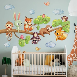 Nursery room wall stickers featuring cute forest animals, branches and colorful clouds