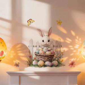 Detailed watercolor Easter wall decal showing cute rabbit with colorful eggs on fireplace