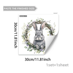 Detail of Easter bunny wall sticker with floral wreath showing adhesive peeling effect