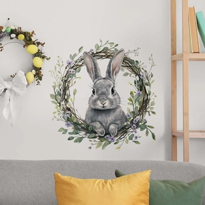 Easter wall sticker showing a realistic grey rabbit inside a floral vine wreath