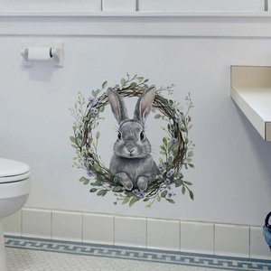 Watercolor bunny rabbit and floral wreath wall sticker on white bathroom tiles