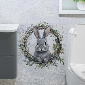 Easter bunny and floral wreath wall sticker applied on grey bathroom tile decor