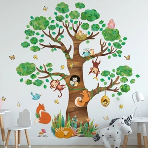 Detail of forest animal wall stickers with wood texture tree and cute hand-drawn creatures