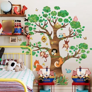 Cartoon forest tree wall stickers with fox, monkey, and owl for kids bedroom decor