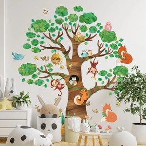 Cartoon forest tree wall decal with cute animals like monkeys and foxes for nursery room decor