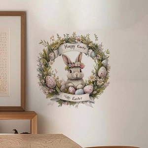 Close-up of Easter wall sticker featuring a bunny with a floral wreath and eggs