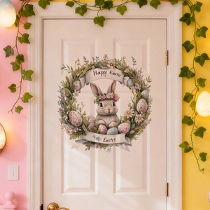 Easter wall sticker with floral wreath, grey bunny, colorful eggs and Happy Easter text