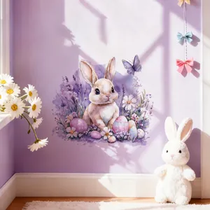 Easter wall sticker detail showing a watercolor rabbit and patterned eggs on a purple wall
