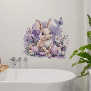 Detail of Easter bunny wall sticker with colorful eggs and watercolor lavender on bathroom wall