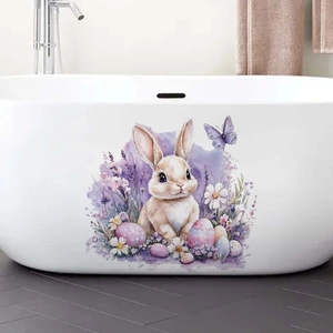 Detail of Easter bunny wall sticker with watercolor eggs and flowers on a white bathtub