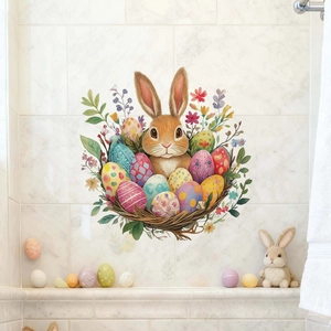 Easter wall sticker featuring a brown bunny with colorful eggs and floral wreath decor