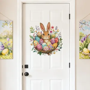 Detailed wall decal showing an Easter bunny with painted eggs and flowers on a door