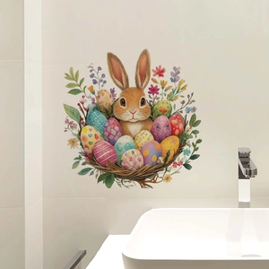 Detailed watercolor Easter wall sticker with bunny, colorful eggs and floral motifs
