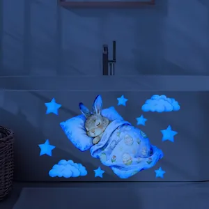 Luminous Easter Bunny Wall Stickers Glow In The Dark PVC Decals Blue Fluorescence Cartoon Style For Bedroom Bathroom