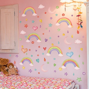 Rainbow and stars wall stickers set in macaron colors for children's bedroom decor