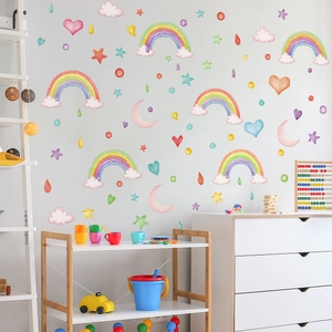 Rainbow and cloud wall stickers for children's room in hand-drawn watercolor style