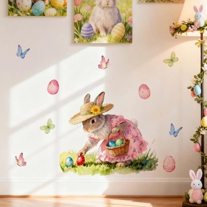 Detail of Easter bunny wall sticker with colorful eggs and butterflies on a white wall