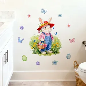 Easter Wall Stickers Watercolor Rabbit Bunny And Eggs Pattern DIY Removable Vinyl Decals For Kids Room Bedroom Home Decor