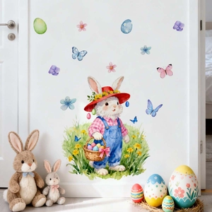 Close-up of Easter bunny and colorful egg stickers on a white door for holiday decor