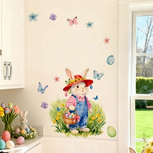 Easter wall sticker showing a cute rabbit with colorful eggs and flowers on a white wall