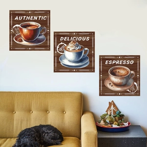 Three-piece vintage coffee wood wall art set featuring Espresso and Latte art on a white wall