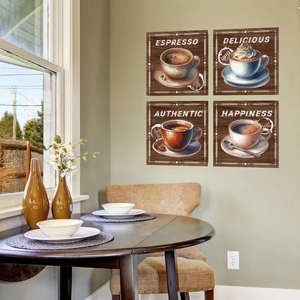 Lifestyle shot of 4-piece coffee wall stickers with espresso art and wood texture