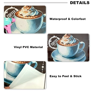 Waterproof vinyl coffee wall decal with wood grain design and easy-peel adhesive detail