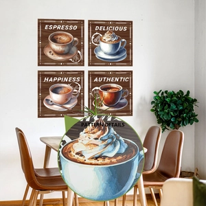 Set of 4 vintage wooden coffee wall art stickers featuring espresso and latte designs