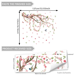Pink branch floral wall decals with blue birds and butterflies for home decor