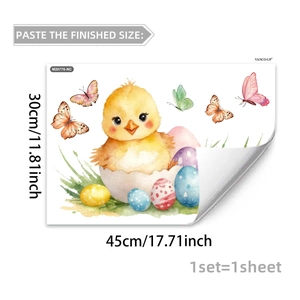 Detailed sheet view of Easter wall stickers with watercolor chicks and eggs, 30x45cm