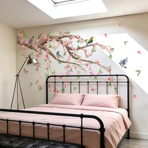 Pink cherry blossom wall decal with colorful birds for bedroom and living room decor