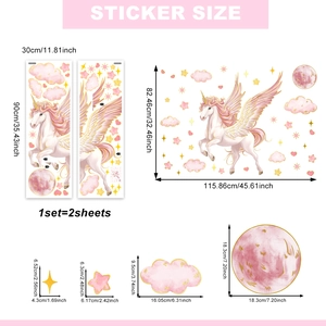 Pink unicorn and moon wall stickers set with gold stars for girl bedroom decoration