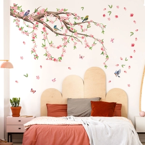 Pink cherry blossom tree branch wall stickers with colorful birds for bedroom decor