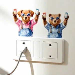 Aquarel Pasen muurstickers met hond en beer voor lichtschakelaar decoratie in huis
