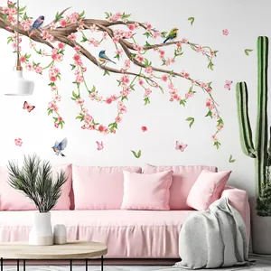 Sticker mural autocollant fleurs de cerisier rose avec oiseaux pour décoration murale