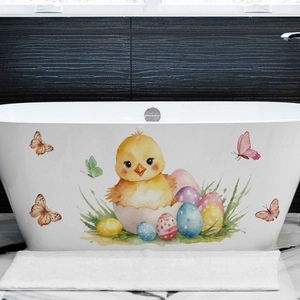 Waterproof Easter wall sticker with cartoon chick and eggs applied on white bathtub side
