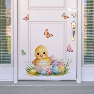 Easter decorative stickers featuring watercolor chick and eggs on a white front door