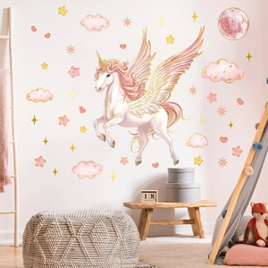 Pink unicorn wall sticker set with gold stars and pink clouds for nursery decoration