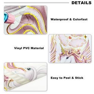Detail view of pink unicorn wall stickers showing waterproof Vinyl PVC texture and gold foil