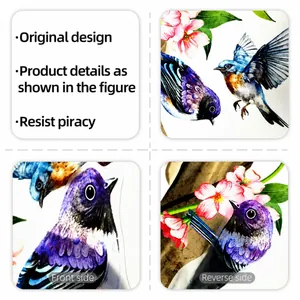 Détails macro des stickers oiseaux et fleurs roses montrant une impression PVC de qualité