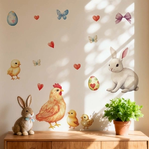 Detailed view of watercolor Easter bunny and chick wall stickers on a bedroom wall
