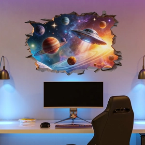 3D outer space broken wall sticker featuring UFO and planets for room wall decoration