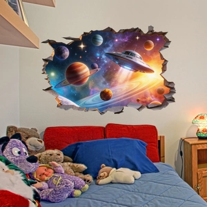 3D outer space galaxy wall sticker featuring UFO and planets for bedroom decor