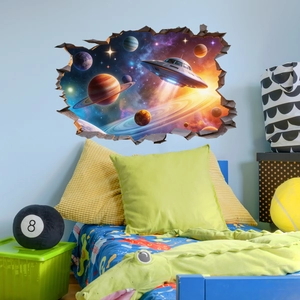 3D cracked wall space sticker featuring planets, nebula, and a UFO for room decor